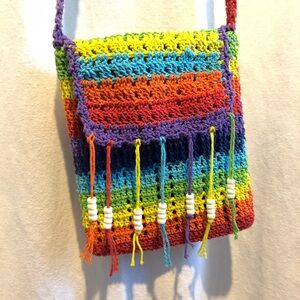 Pride Rainbow Crochet Shoulder Bag with Bead Fringe
